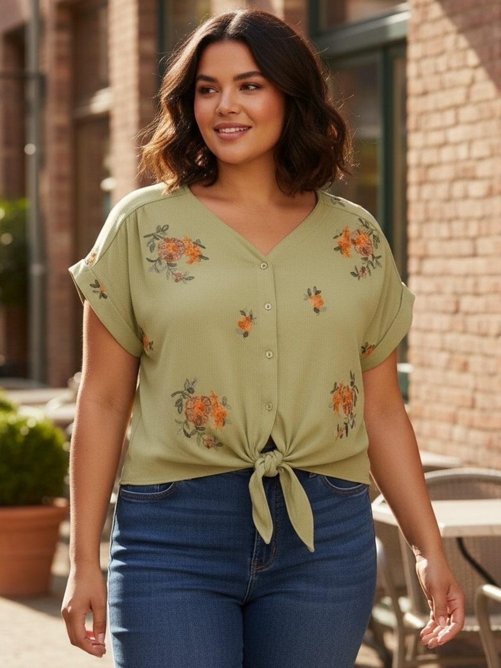 NWT Kindred Olive Green Boho Floral Embroidered Tie Front V-Neck Blouse Sz 1X